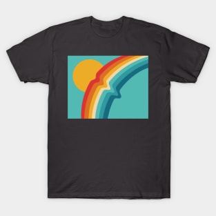 Rippled Retro Rainbow with Sun on Pale Blue Background T-Shirt